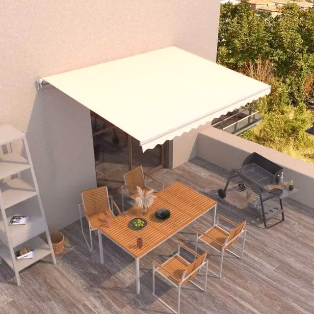 Berkfield Home Manual Retractable Awning with Crank and Folding Arms in Cream Polyester and Aluminium, W/D/H: 450 x 300 cm – 1
