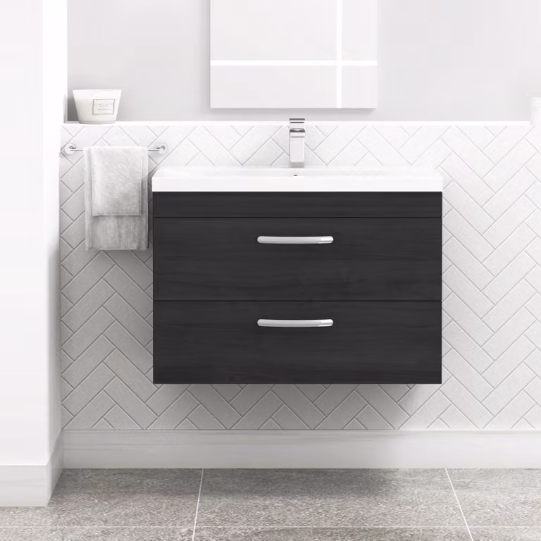Royal Bathrooms Turin 800mm Wall Hung Vanity Unit in Hale Black with 2 Drawers and Mid-Edge Sink