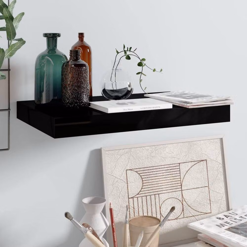 Berkfield Home Durable Floating Wall Shelf in High Gloss Black, W/D/H: 40 x 23 x 3.8 cm – 2