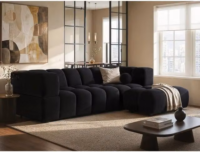 Solace+Co Jenson 3 Seater Velvet Fabric Sofa in Black with Matching Ottoman and Scatter Cushions