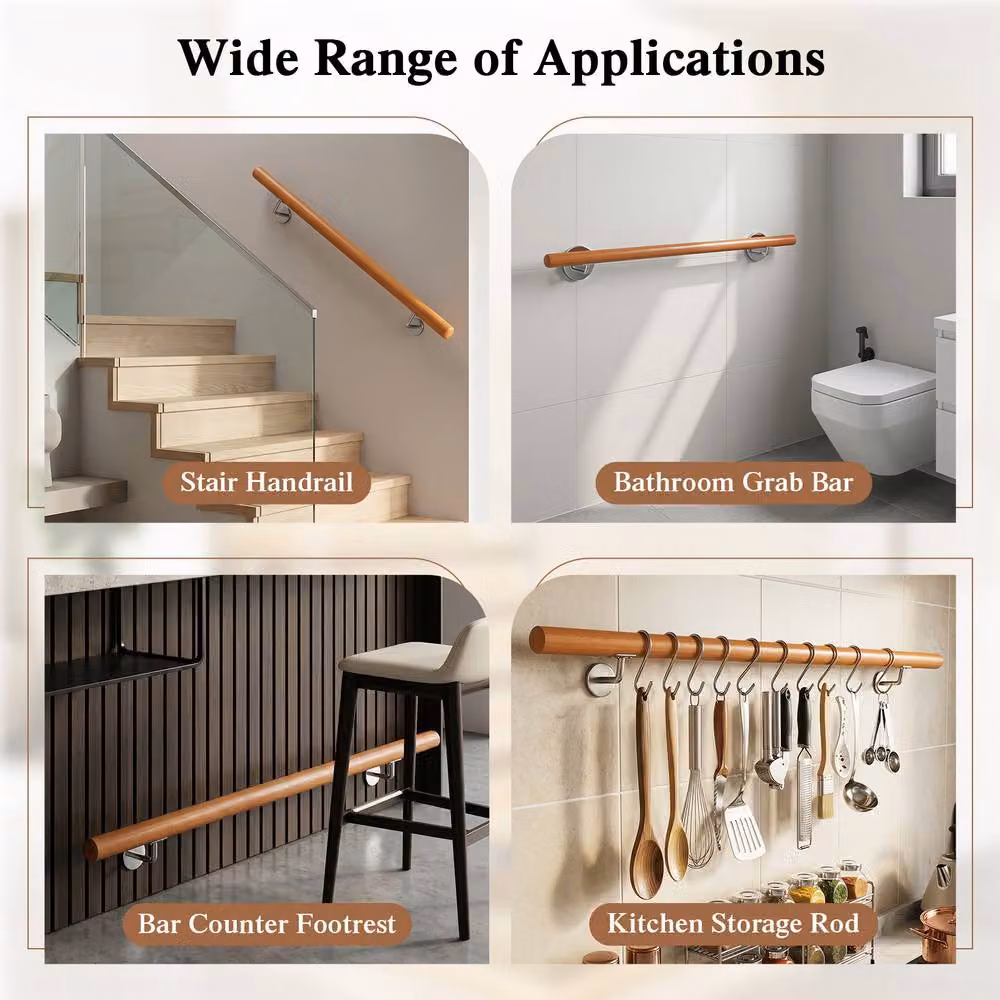 Gymax Beech Wood and Stainless Steel Wall Mounted Staircase Handrail, Brown, Length: 200 cm, Width: 80 cm – 5