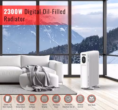 PureMate 2300W White Oil Filled Radiator with Remote Control – 8