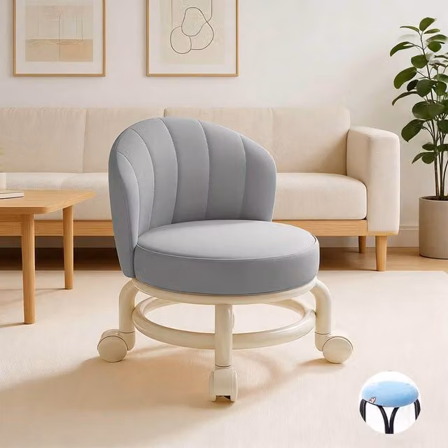 Havendro Grey Modern Cylindrical Low Stool with Castors for Living Rooms