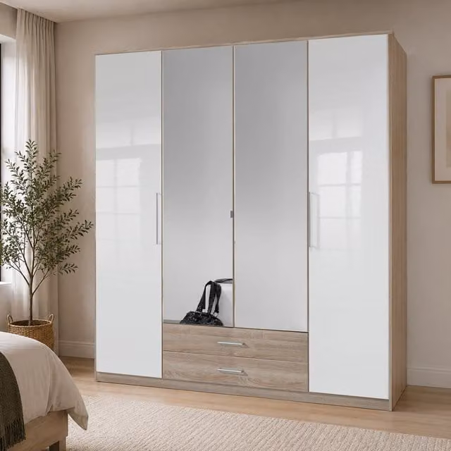 Gamma Oak and White 4 Door Modern Wardrobe with Mirror and Internal Shelving, Width: 180 cm