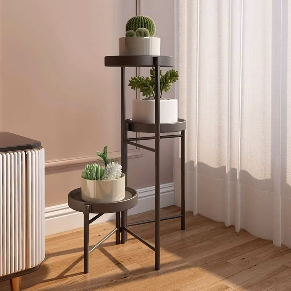VOGREX Multi-Tier Metal Plant Shelf with 3 Rotatable Pots in Matt Black – 2