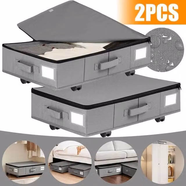 FORGEVIO 2 Pack Large Fabric Underbed Storage Boxes with Handles in Grey, 50 cm