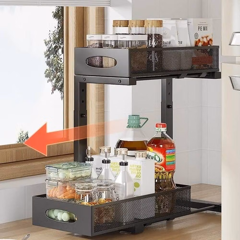 VOGREX 2 Tier Metal Pull Out Under Sink Cabinet Organizer Basket in Black – 3