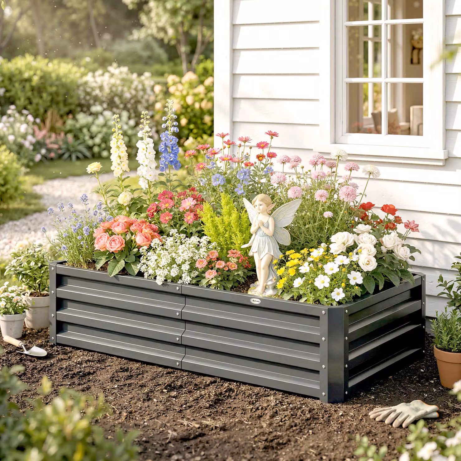 Outsunny Galvanised Steel Raised Garden Bed for Herbs and Vegetables, Light Grey, W/D/H: 60 x 60 x 30.5 cm – 8