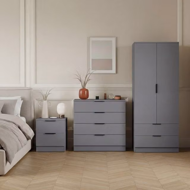 Vida Designs Trega 3 Piece Grey Bedroom Set including Wardrobe, Chest of Drawers and Bedside Table