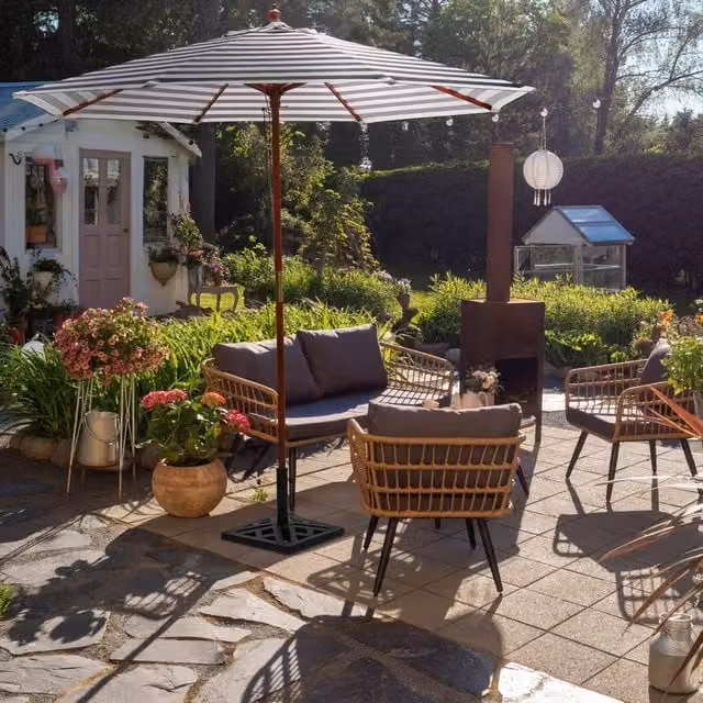 Wyld and Coco Garden Sun Parasol with Black and White Striped Canopy and Birch Wood Frame