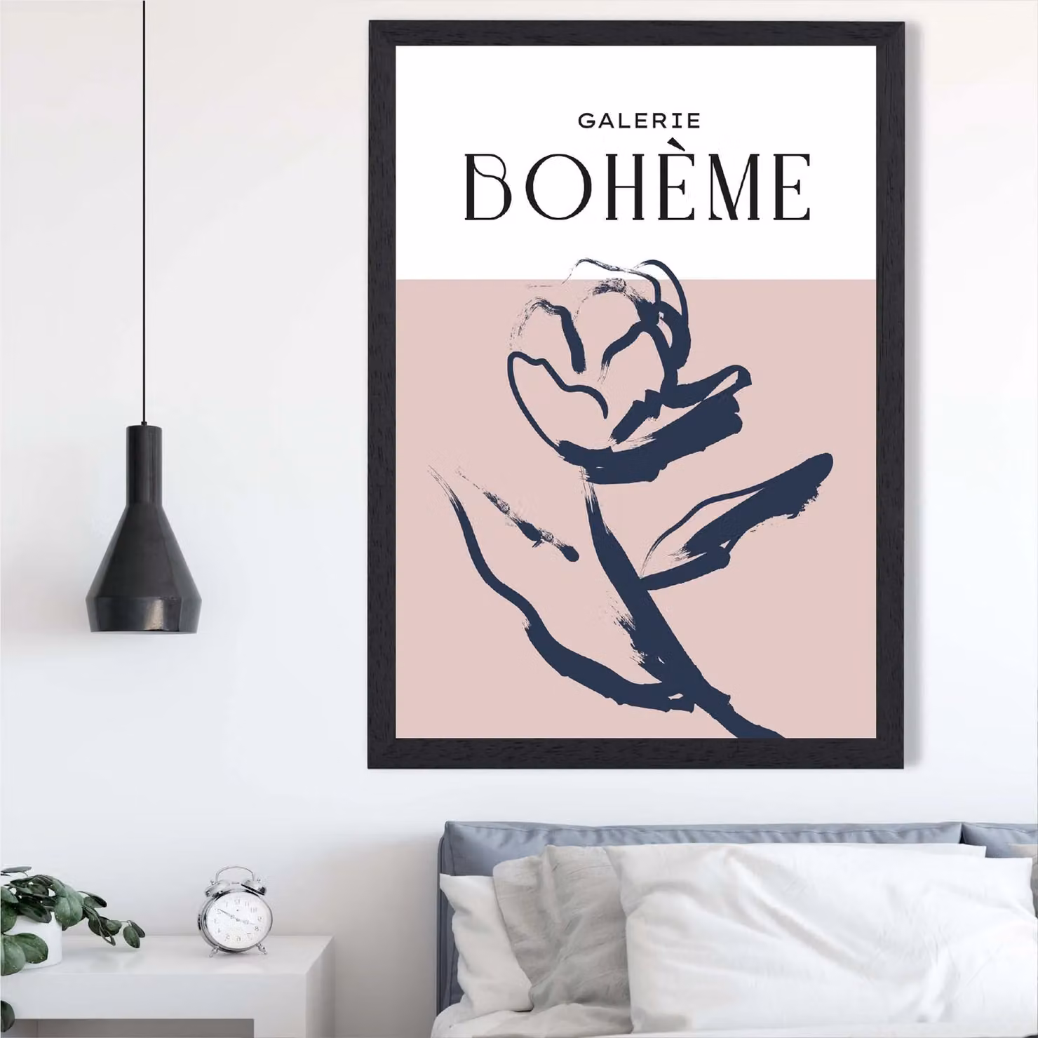 ARTZE Blush and Navy Blue Rose Boho Sketch Floral Framed Print in Black Frame – 2