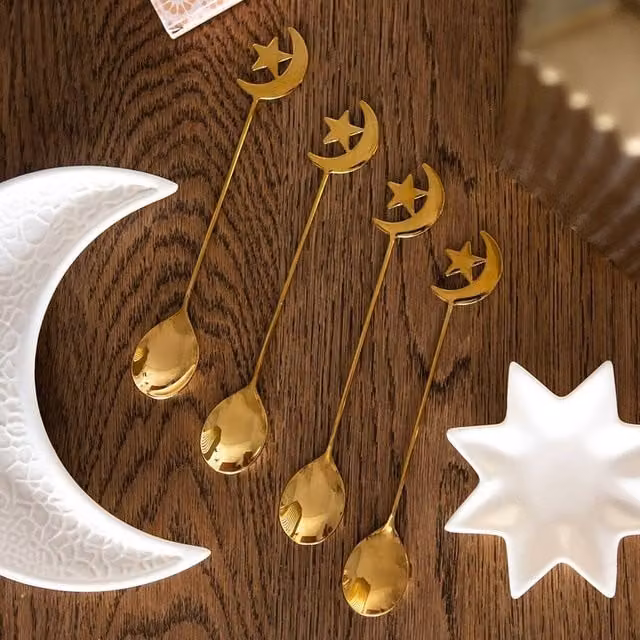 Uniqueful Set of 4 Polished Gold Metal Star and Moon Teaspoons