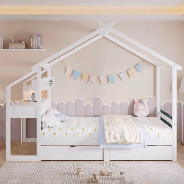 Merax White Wooden Childrens House Bed with Desk and Drawers, W/D/H: 197 x 90 x 120 cm – 1