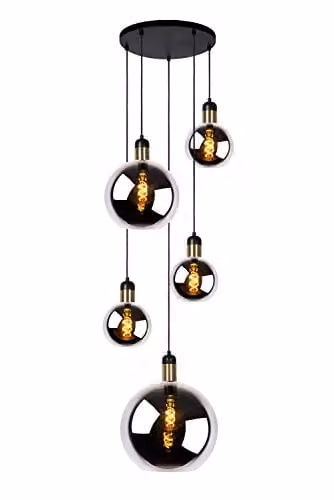 Lucide Julius Dimmable Vintage Cluster Pendant Light with Grey Glass Spheres, 5 x E27, Height Adjustable – 1