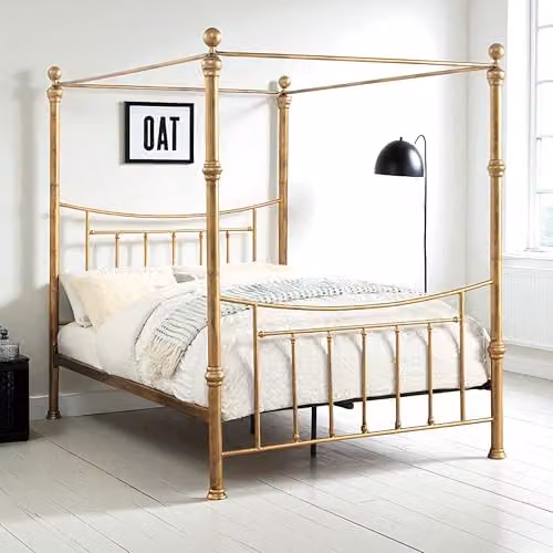 OAT Home Westminster 4 Poster Metal Bed Frame in Antique Brass Effect, Double Size (W/D/H: 140 x 200 cm)