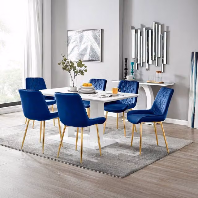FurnitureboxUK Imperia 6-Person Blue Dining Set with White Rectangular Table and 6 Pesaro Gold Leg Chairs
