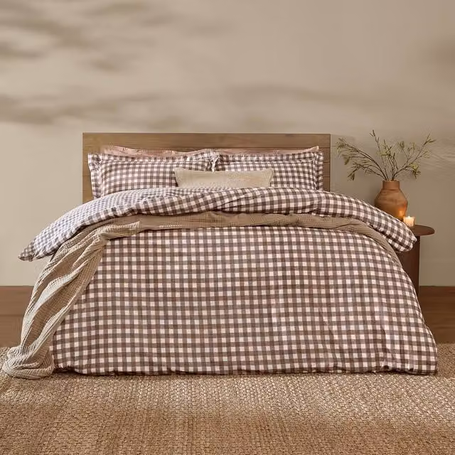 Yard Barton Brown Gingham Check Reversible 100% Cotton Duvet Cover and Pillowcase Set, W: 180 cm, H: 200 cm