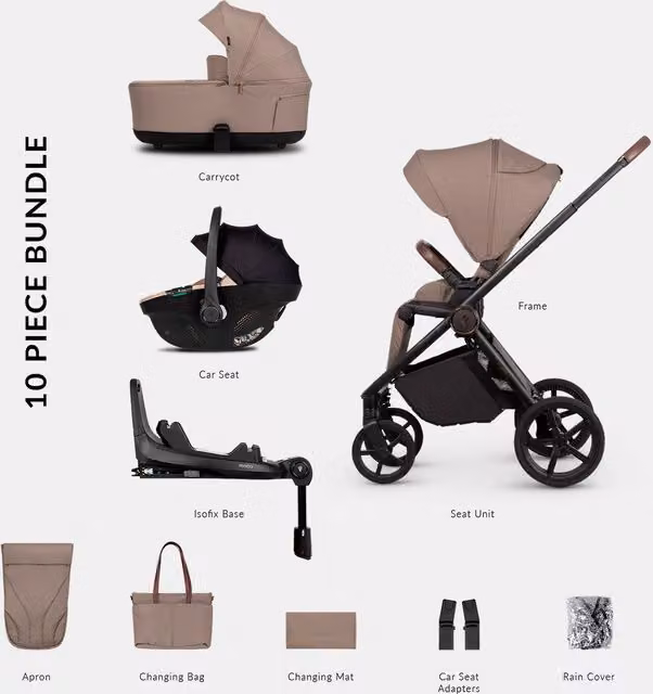 Venicci Claro2 4in1 Luxury Pushchair Bundle with Tiago 2 Car Seat, 10 Piece Set in Almond/Beige