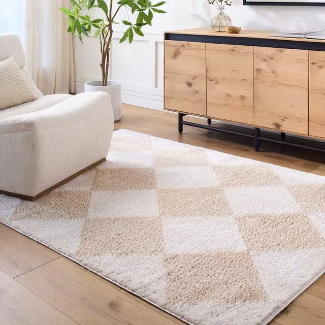 Livabliss Fossay Shag Washable Diamond Pattern High Pile Rug in Beige, Brown, Green and Grey, W: 140 cm, L: 200 cm