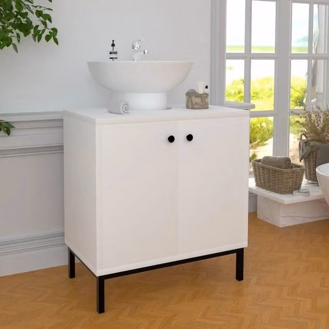EONLION Modern Glossy White Freestanding Bathroom Sink Cabinet with Hinged Doors and Internal Shelves – 1