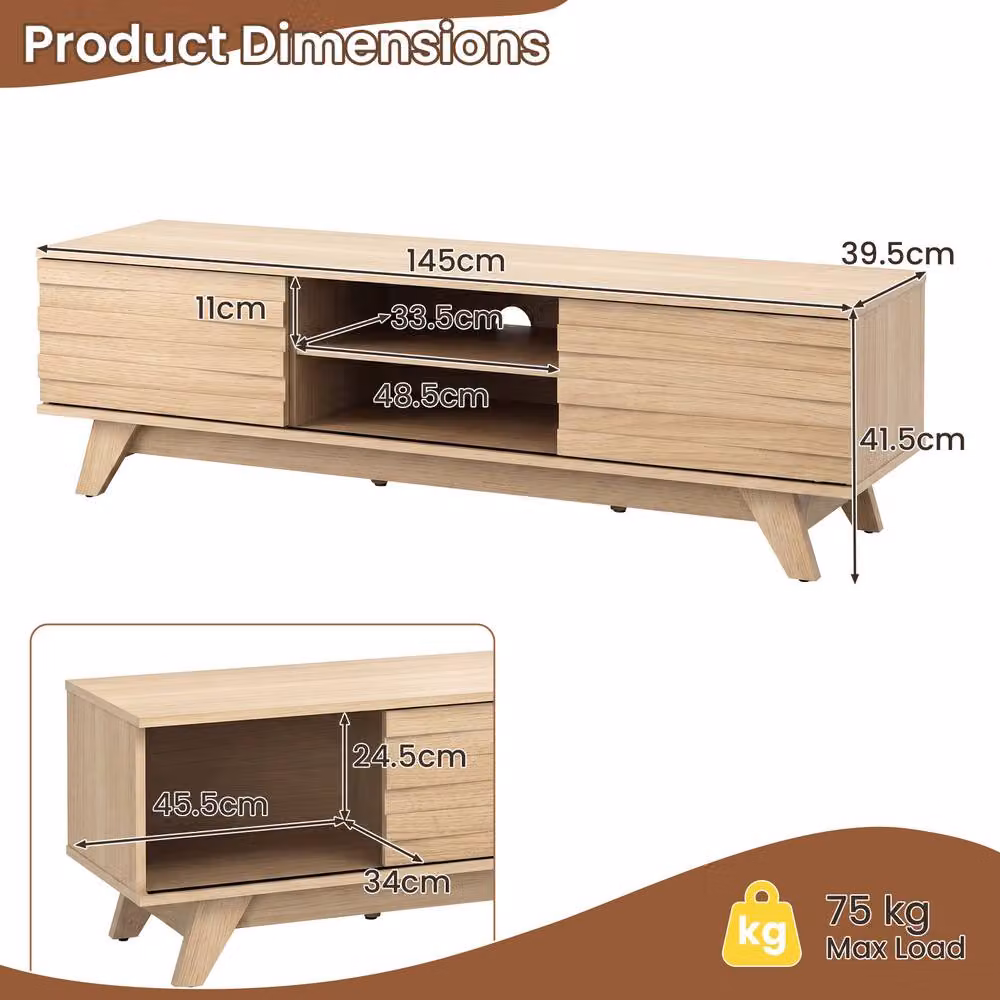 Gymax Mid-Century Wooden TV Stand with 2 Sliding Doors in Beige for TVs up to 55 inch – 3