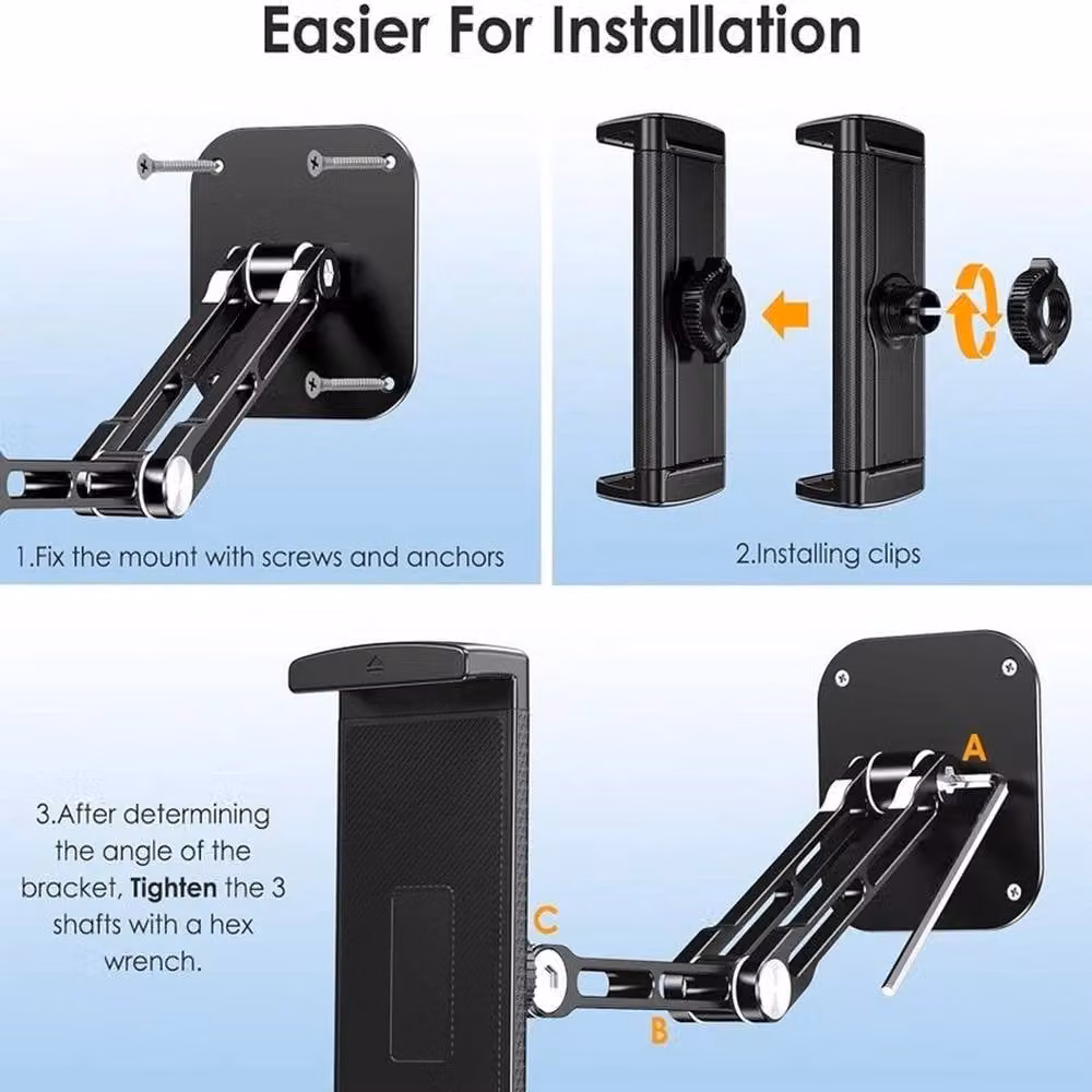 KORVIXA Adjustable Aluminium Tablet Wall Mount Holder in Black – 3