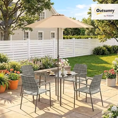 Outsunny 4 Seater Rattan Dining Set with Glass Table and Parasol, Grey – 2
