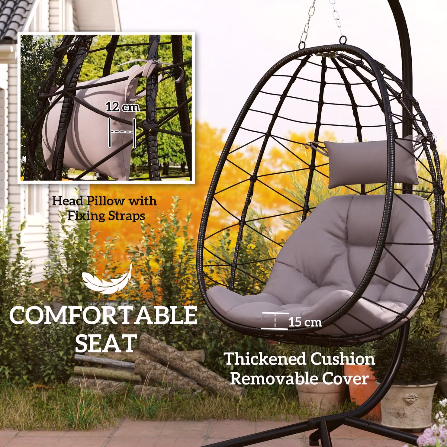 Outsunny Grey Hanging Egg Chair with Stand, Folding Basket, Thickened Cushions and Adjustable Headrest for Garden, Balcony or Patio – 4