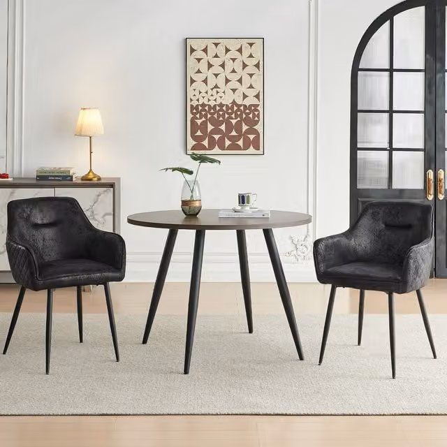 SONARA Dark Walnut Round Dining Table and 2 Black Faux Suede Dining Chairs Set