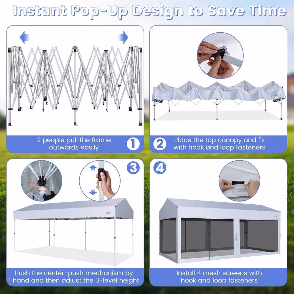 Costway White Pop-Up Canopy Party Tent and Portable Garage with Sidewalls, W: 6 m, D: 3 m, H: 2.9 m – 4