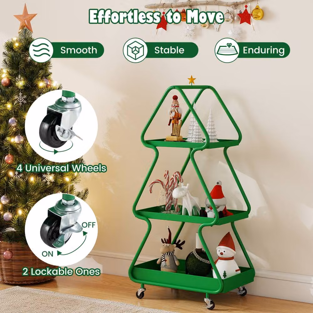 Costway 3-Tier Rolling Christmas Tree Storage Cart with Topper Star in Green – 8