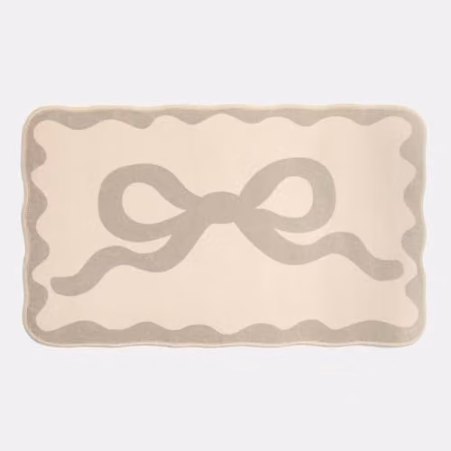 OHS Bow Print Velvet Bath Mat, Beige, W/D/H: 75 x 45 x 1 cm
