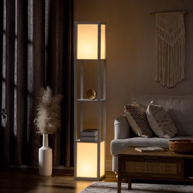 HOMCOM Modern Dual Light Floor Lamp with Shelf, White