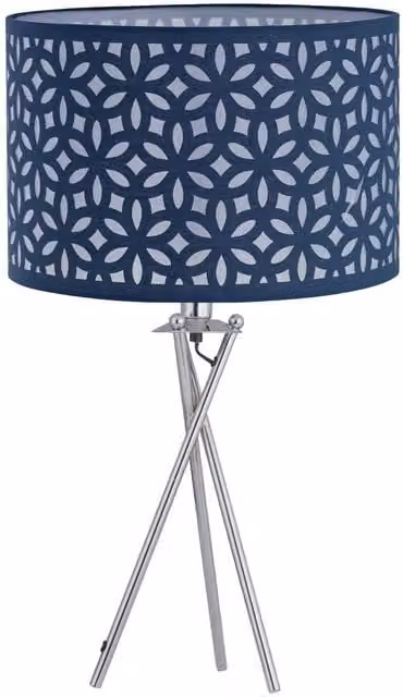 First Choice Lighting Chrome Tripod Table Lamp with Navy Blue Laser Cut Fabric Shade – 1