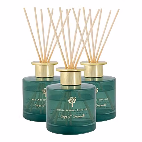Nicola Spring Sage & Seasalt Scented Reed Diffuser Set, Pack of 3, 200ml per Bottle, Green Glass Jars