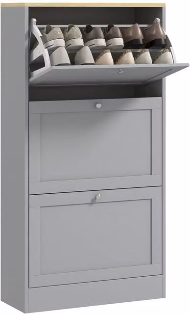 KORVIXA Modern Slim Shoe Storage Cabinet with 3 Tilting Compartments in Grey W/D/H: 100 x 100 x 30 cm