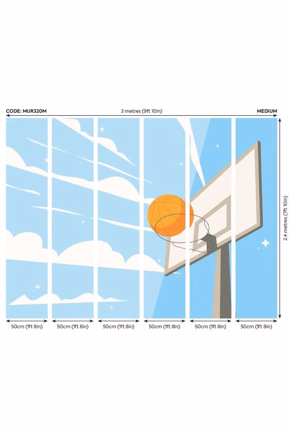 Origin Murals Graphic Basketball Hoop Wall Mural in Blue, W: 350 cm, H: 280 cm – 2
