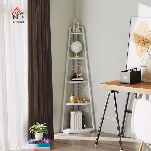 HOMCOM 5-Tier Corner Shelf with Metal Frame and Adjustable Feet, White, H: 160 x W: 37.5 x D: 25 cm – 2