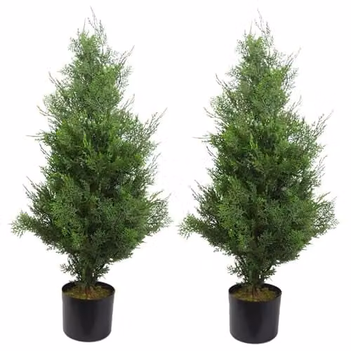 Pair of Green Leaf Artificial Topiary Trees with Wood Stands, H 90 cm x W 45 cm x D 45 cm