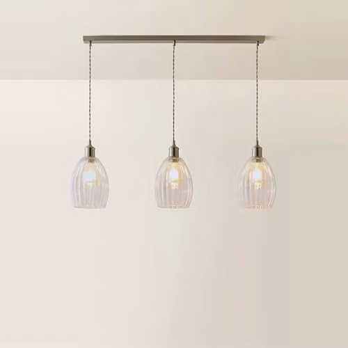 ValueLights Cheltenham 3 Drop Bar Ceiling Light in Brushed Chrome with Clear Ribbed Glass