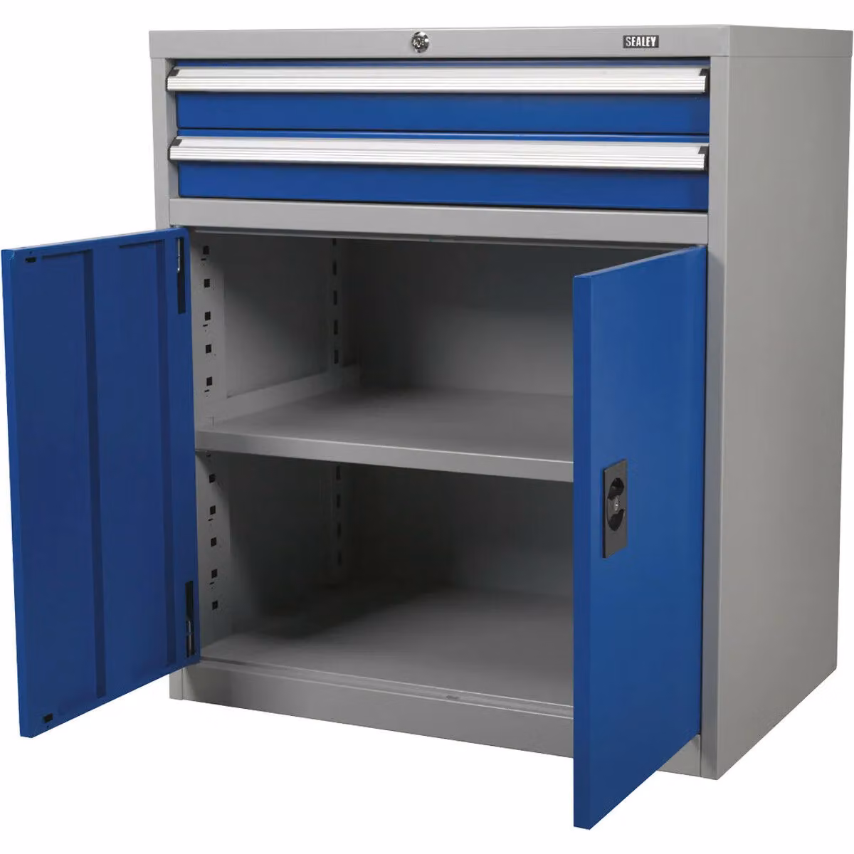 Loops Industrial Blue Metal Double Locker Cabinet with Lockable Hinged Doors, 2 Drawers and 1 Shelf, W: 900 cm, D: 450 cm, H: 1000 cm – 2