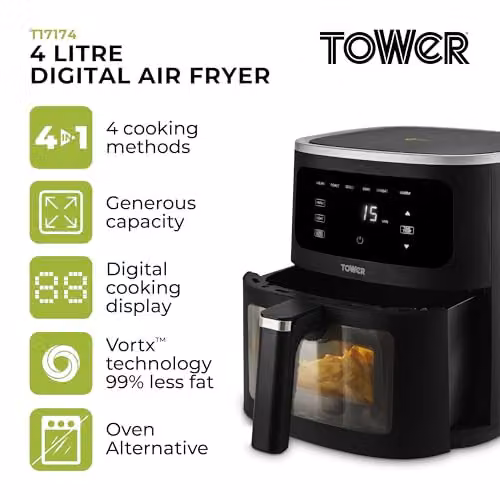 Tower T17174 Vortx Vizion 4L Air Fryer with Digital Control Panel, 6 Pre-sets, 60 Minute Timer and Shake Reminder, 1300W, Black – 2