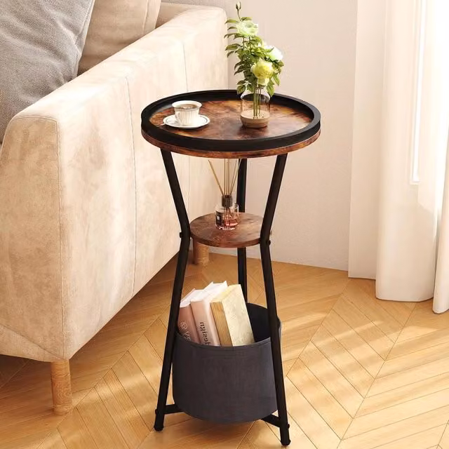 FORGEVIO Round 3-Tier Side Table in Rustic Brown