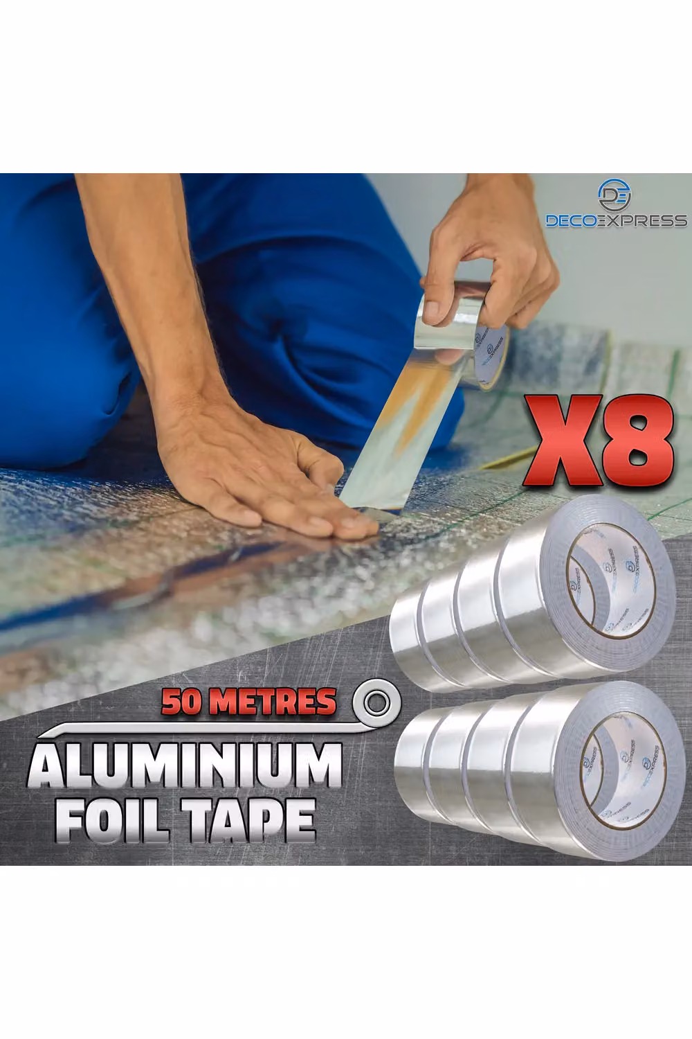 Deco Express Silver Aluminium Foil Insulation Tape, 8 Rolls, Width: 4.5 cm, Length: 50 m per roll – 8