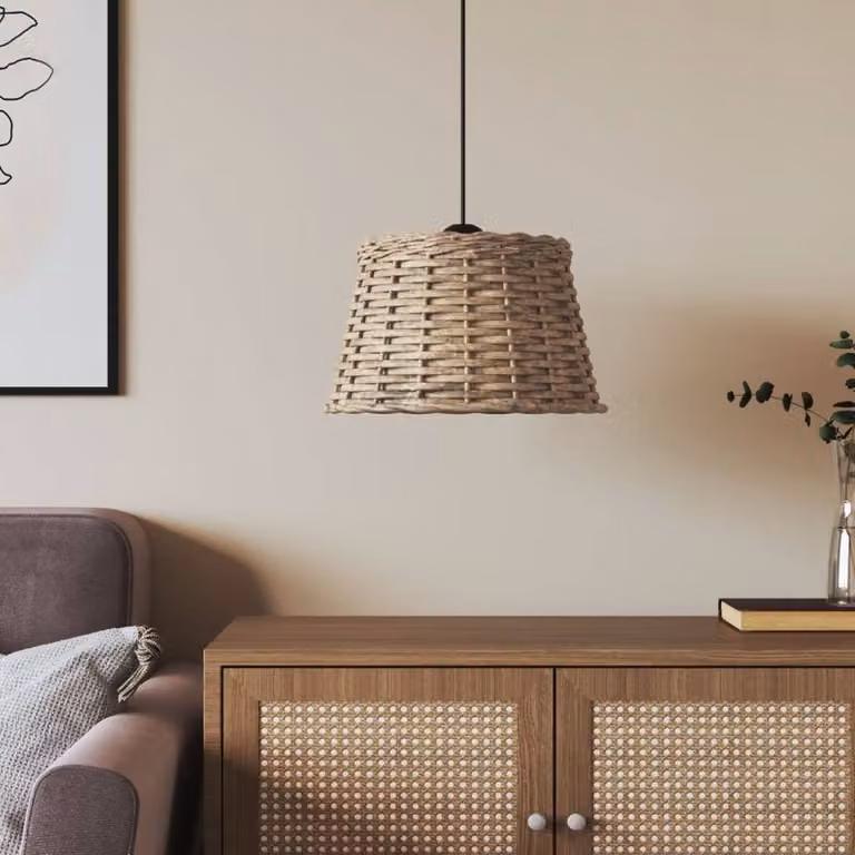 Berkfield Home Charming Round Wicker Ceiling Lamp Shade in Brown, W: 38 cm, H: 23 cm