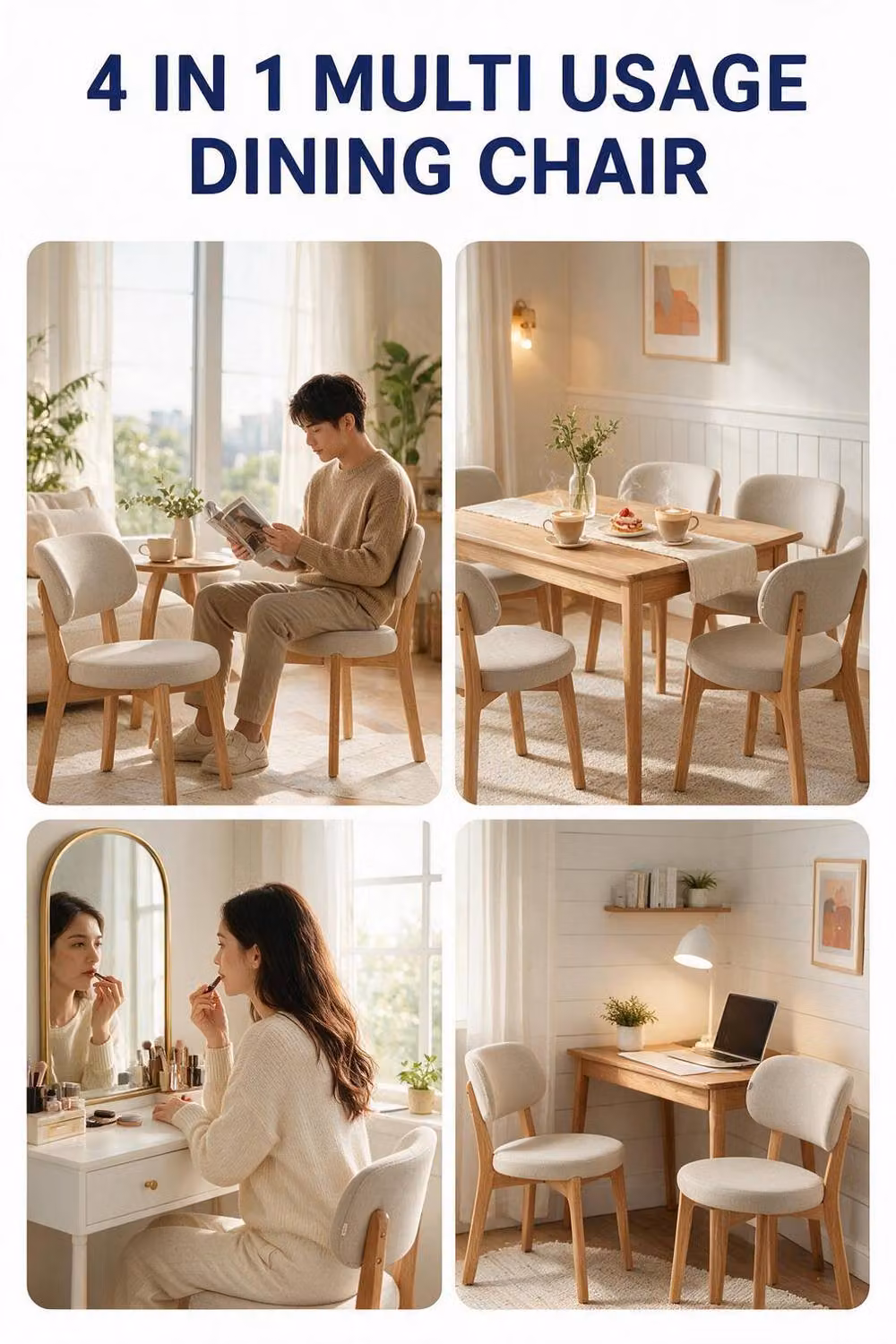 ExtraStar Set of 2 Scandinavian Dining Chairs in Cream Linen Fabric with Rubberwood Legs – 4