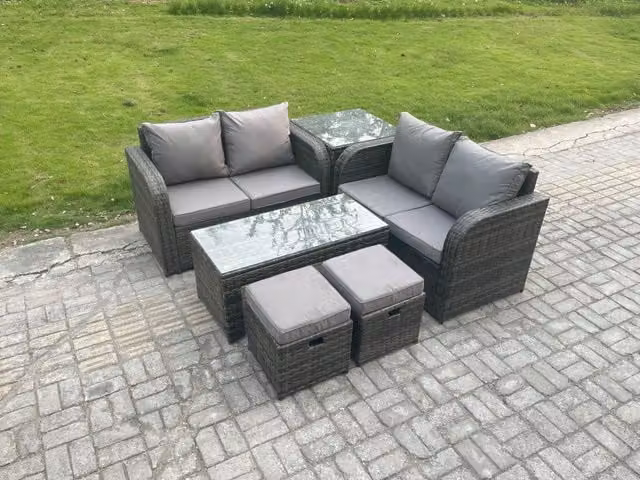 Fimous High Back Rattan Garden Furniture Set in Dark Grey with 2 Seater Sofa, Coffee Table and 2 Footstools
