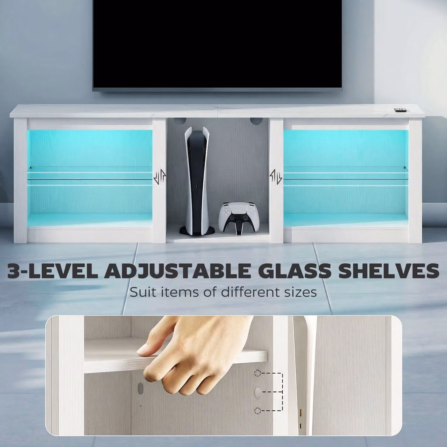 HOMCOM Modern White TV Stand with LED Lights and Storage, W: 160.0 cm, H: 51.7 cm, D: 21.5 cm – 5