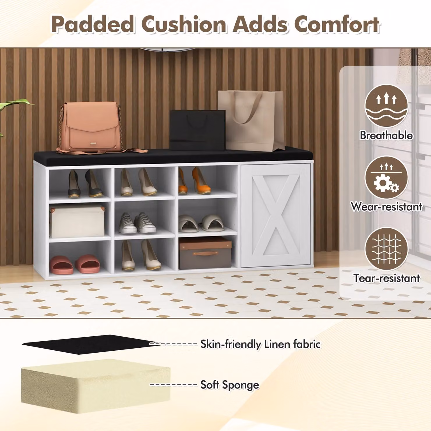 Costway 3-Tier Shoe Storage Bench with Padded Fabric Cushion in White – 7