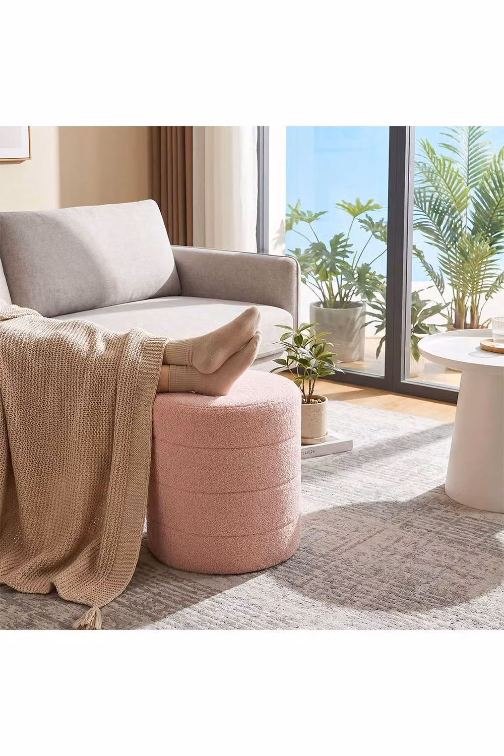 Living and Home Round Teddy Fleece Upholstered Footstool in Pink – 2